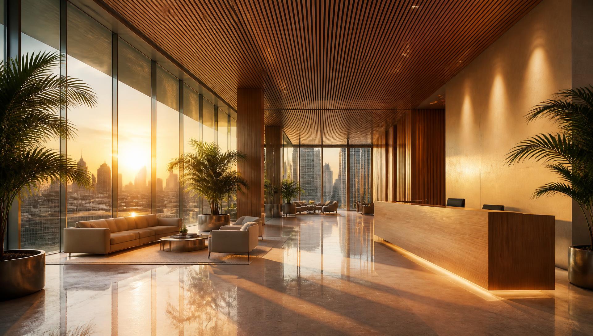 Lobby corporativo de luxo com vista panorâmica da cidade ao pôr do sol
